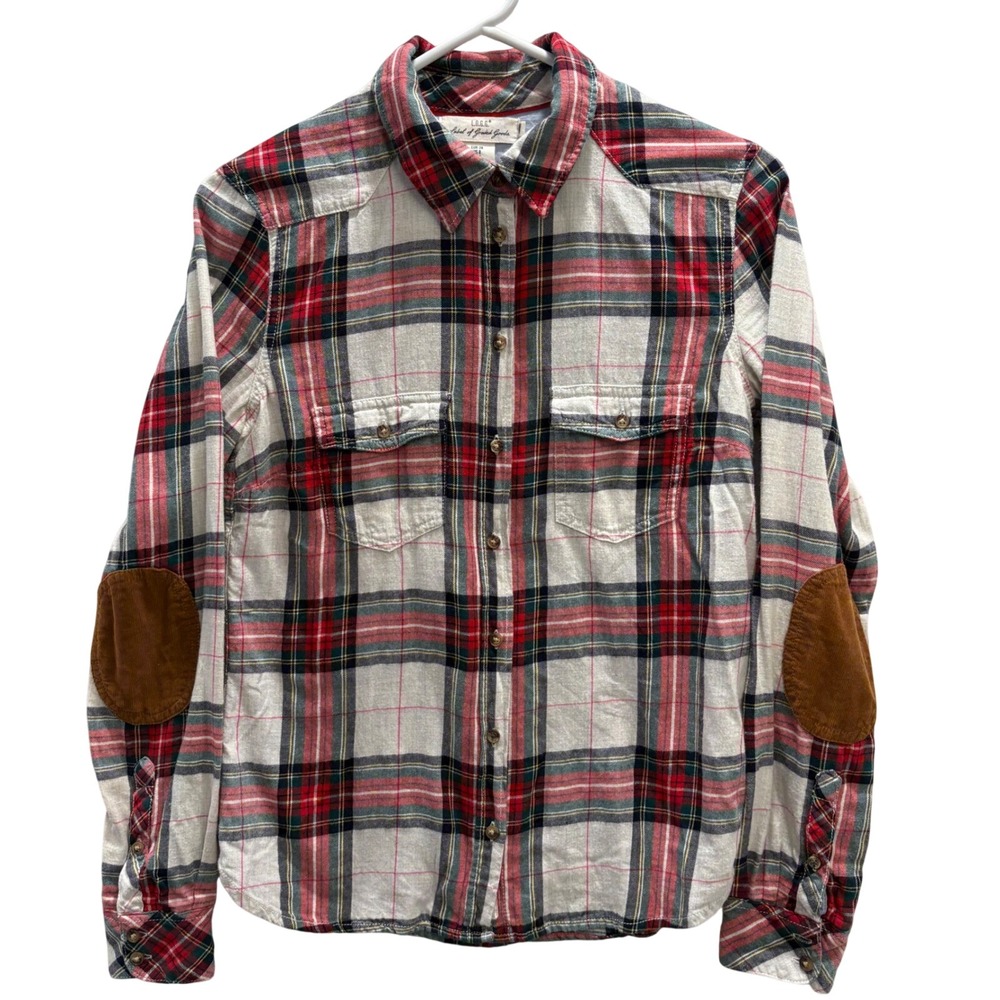 LOGG H&M Womens 8 Red Plaid Flannel Button Down Shirt Corduroy Patches Preppy